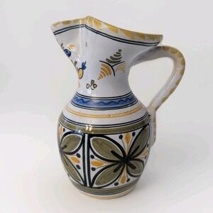 Vintage Hand Painted Spanish Talavera Style Pitcher Mediterranean Floral Pottery